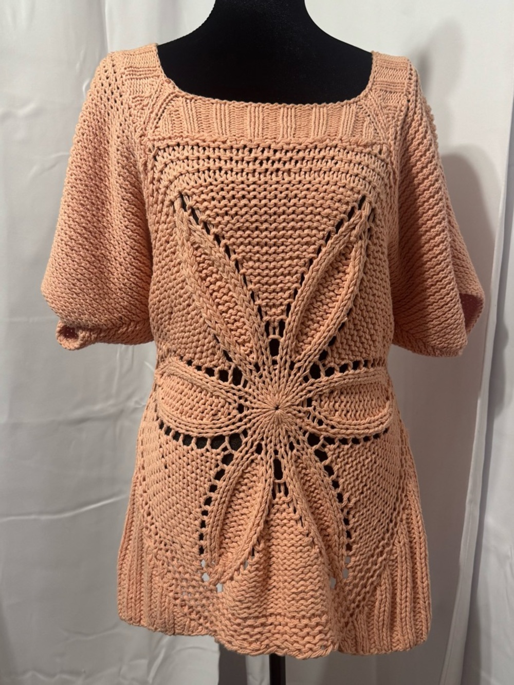 Elle Open Knit Floral Sweater Apricot Peach Daisy Motif Cottagecore Large L